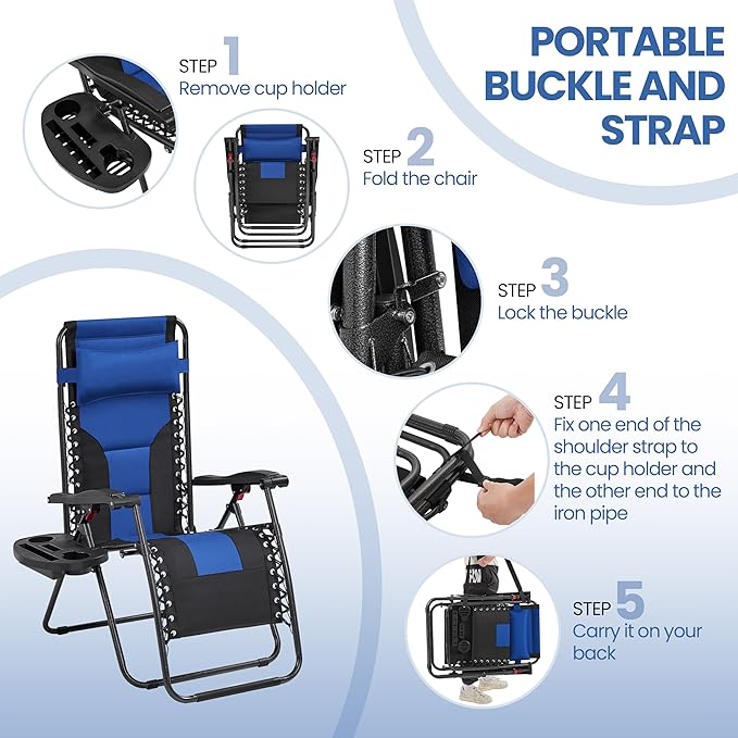 Yaheetech Padded Zero Gravity Recliner, Foldable Outdoor Patio Chairs, Adjustable Anti Gravity Lounger for Backyard Camping w/Carry Strap, Cup Holder, Pillow Navy Blue/Black Set of 2