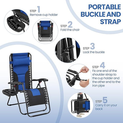 Yaheetech Padded Zero Gravity Recliner, Foldable Outdoor Patio Chairs, Adjustable Anti Gravity Lounger for Backyard Camping w/Carry Strap, Cup Holder, Pillow Navy Blue/Black Set of 2