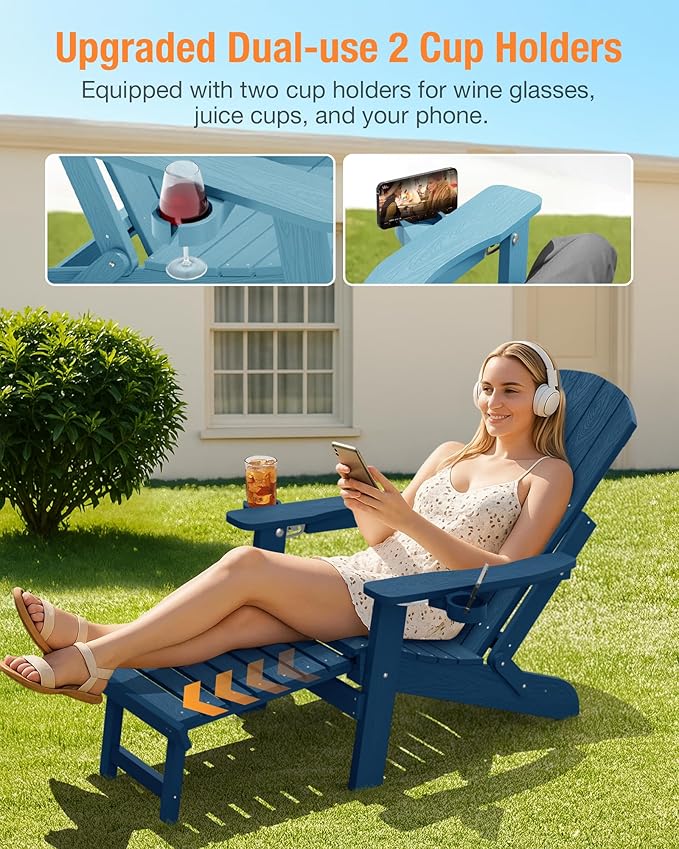 YEFU Adjustable Adirondack Chair with Retractable Ottoman Set of 6,Folding Adirondack Chair with 2 Cup-Holders, Outdoor Chairs with Footrest,Weather Resistant Fire Pit Chairs,for Patio Lawn(Navy)