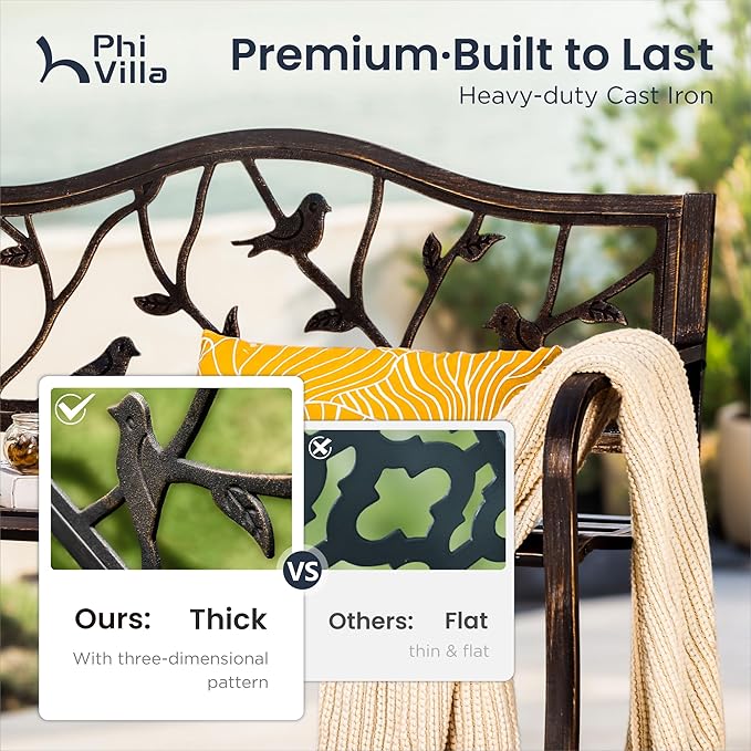 PHI VILLA Outdoor Garden Park Bench Patio 50" Metal Bench, Steel Frame Bench with Backrest and Armrests for Porch, Lawn - Photo 4