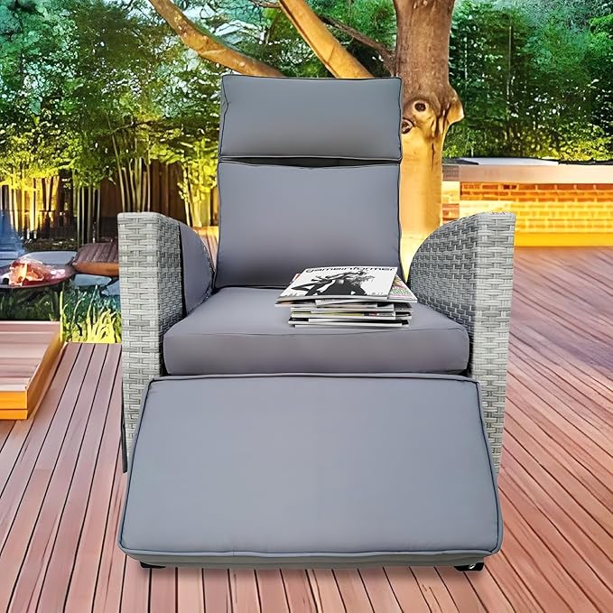 Wicker Outdoor Recliner | Outdoor Recliner Chair | Patio Reclining Chair with 4" Thick Cushion, Adjustable Backrest & Footrest, Flip-up Table & Side Pocket For Patio, Outdoor & Indoor (Gray&Gray)