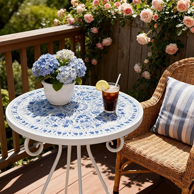 Outdoor Side Table & Mosaic Plant Stand, 14" Ceramic Tile Top Round End Table Accent Table, Indoor Outdoor Coffee Tea Table for Yard Porch Garden Patio Living Room Bedroom (Blue, 14 Inch)