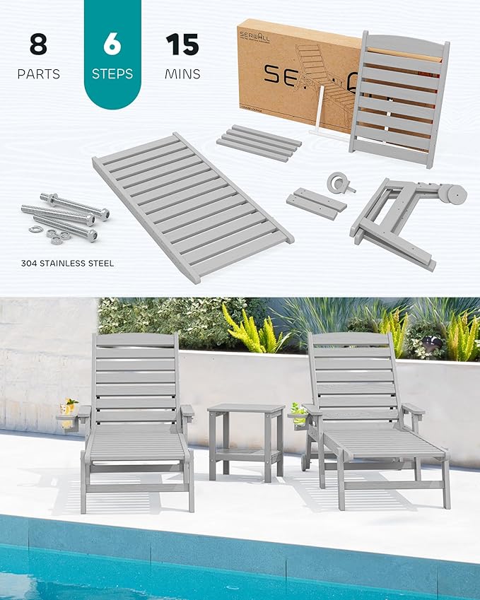 SERWALL Patio Chaise Lounge Chair Set of 2, 78'' Long 5-Positions Adjustable HDPE Outdoor Lounger for Pool - Photo 6