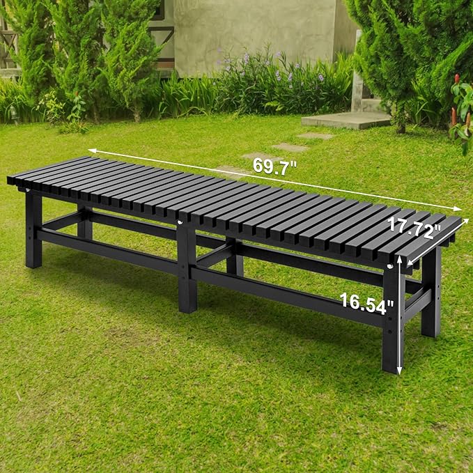 TECSPACE 70 Inches Aluminum Outdoor Weatherproof Bench Backless, 550 LBS Bearing Capacity Garden Porch Bench, Vertical Panel Design, Black