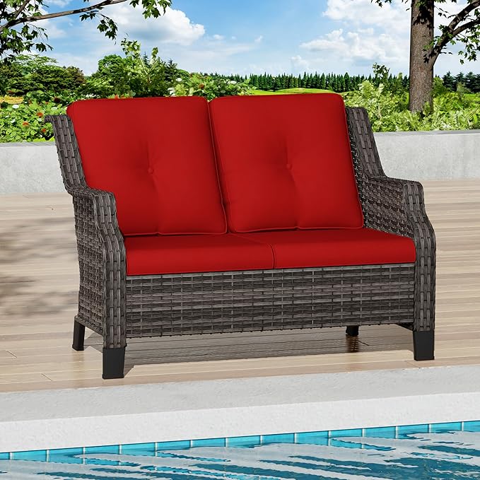 Outdoor Patio Loveseat, All-Weather 2-Seater Wicker Loveseat with Cushions, Outdoor Patio Love Seat Sofa for Garden - Photo 7