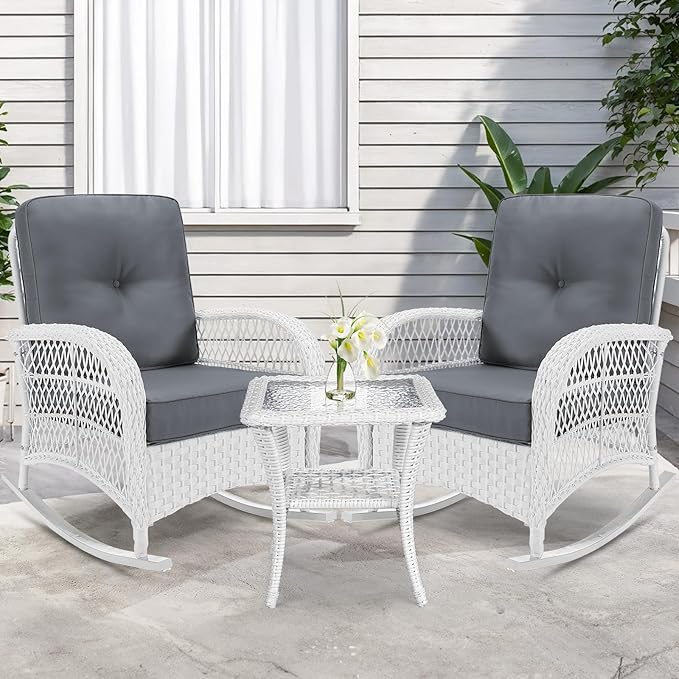 VIVIJASON 3-Piece Outdoor Conversation Bistro Set, Patio Wicker Rocking Chairs Rattan Furniture Sets w/ 2 Rattan Chairs - Photo 7