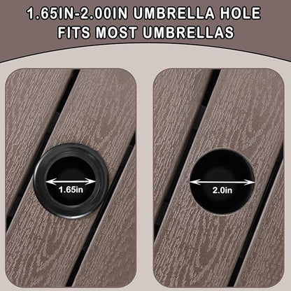 Umbrella Table with 2 Weight Bags Outdoor Patio Umbrella Side Table with Umbrella Hole Small Brown Wicker End Table for Outside Storage Coffee Table with Poly Lumber Top for Pool Garden Balcony Deck