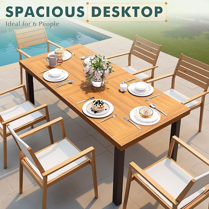 Flamaker Dining Table for 6 Acacia Wood Indoor Outdoor Home Kitchen Table with Iron Legs Large Rectangular Patio Table - Photo 4