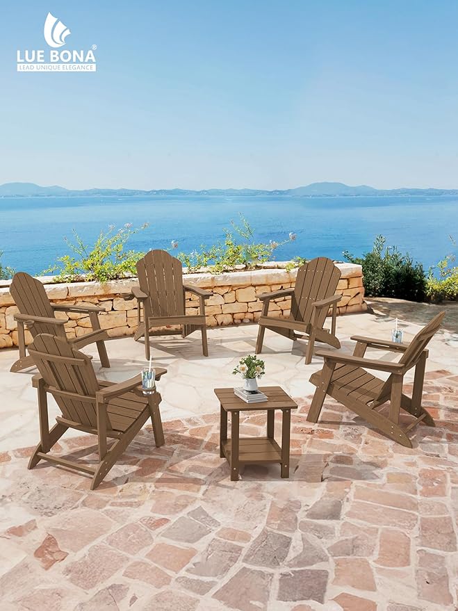 LUE BONA Wood-Grain HDPE Adirondack Chair Set of 1 - Weather Resistant Outdoor Seating with Cup Holder for Cabin, Deck - Photo 2