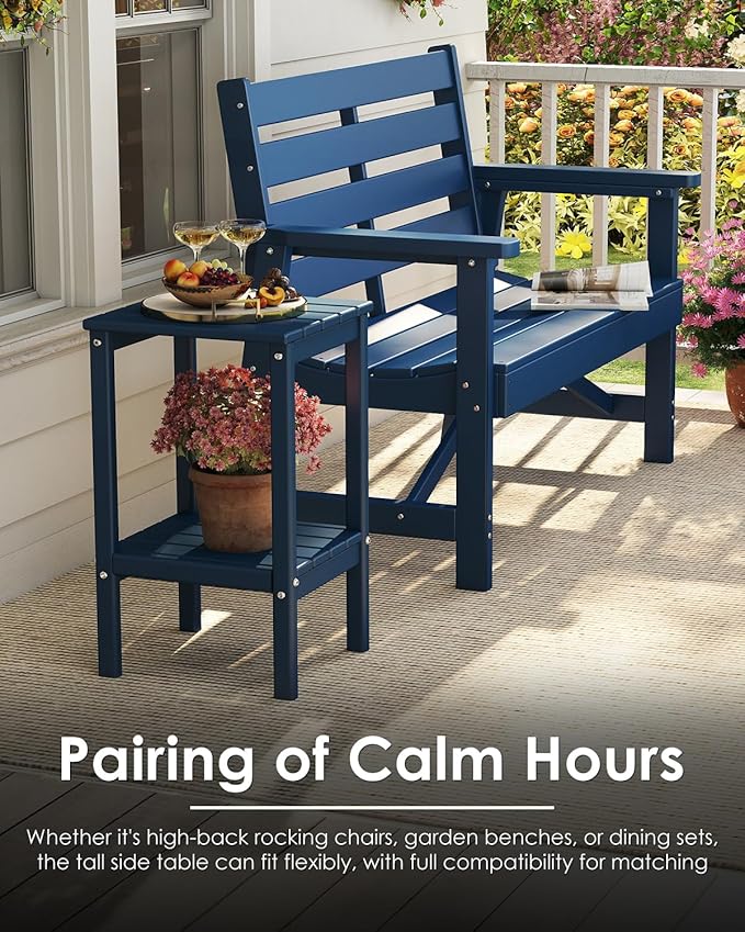 GREENVINES Tall-Outdoor-Side-Table | 23.5" | HDPE Plastic | Patio Adirondack End Tables | All Weather | 2-Tier | Blue | for Porch Garden Indoor & Rocking Chairs