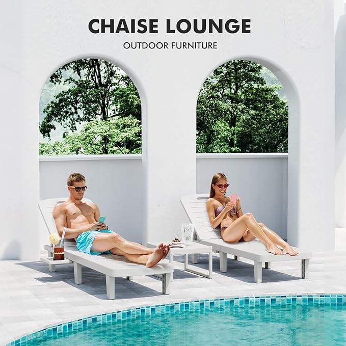 WACASA Outdoor Chaise Lounge Chairs Set of 4, Oversized Resin Lounge Chairs with 5-Level Adjustable Backrest & Cup Holder, Waterproof Pool Lounge Chair for Poolside, Patio, Beach, Yard, White