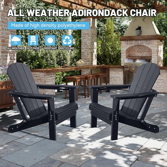 Adirondack Chairs Set of 2, Plastic Adirondack Chair, Adirondack Chairs, HDPE Adirondack Chair, Folding Adirondack Chairs, Outdoor Chairs with Cup Holder for Lawn Patio Deck Fire Pit -Black