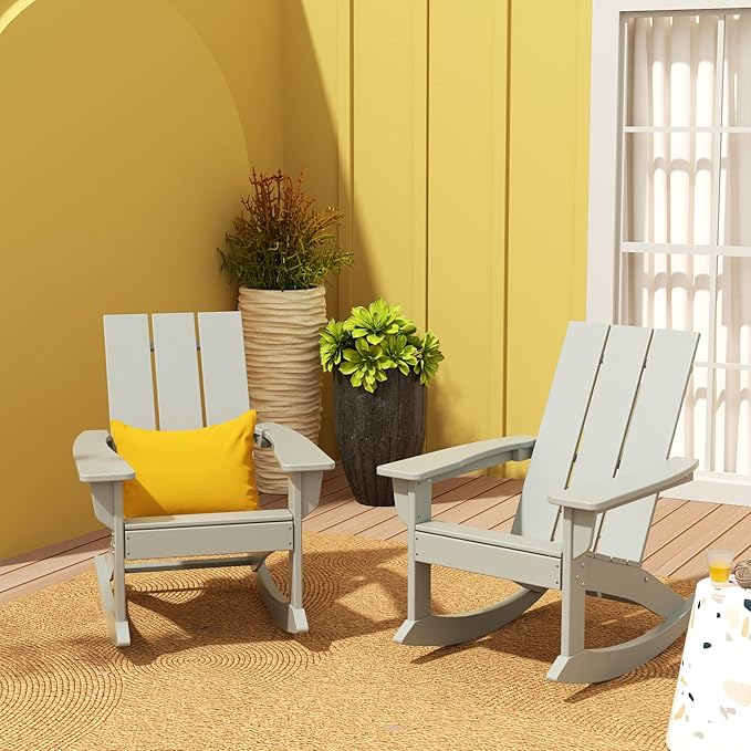 WO WESTIN OUTDOOR HDPE Shoreside Modern Rocking Poly Adirondack Chair (Set of 2),Sand