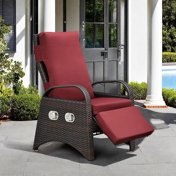 ATR ART TO REAL Outdoor Recliner Chairs, PE Wicker Reclining Lounge Chair with Removable Soft Cushion, Adjustable Outside Recliners for Patio, Porch, Poolside, Balcony, Lawn (Red, 1 PC)