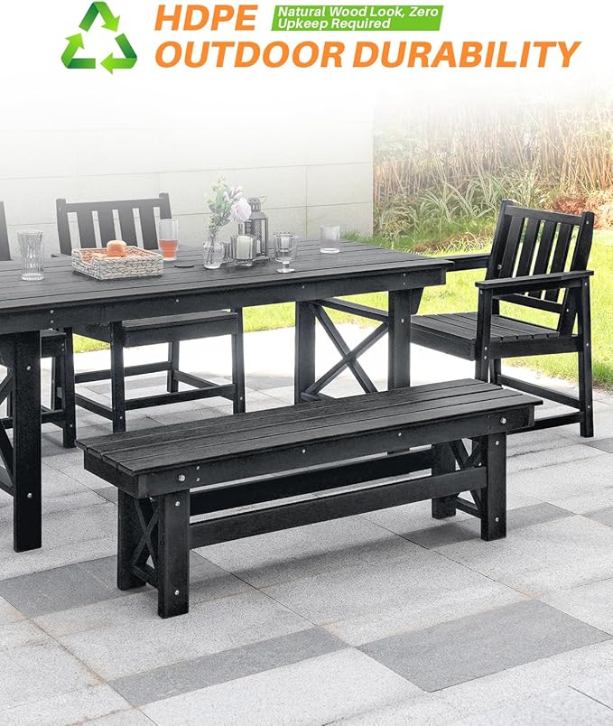 HDPE Outdoor Dining Set of 6, Patio Dining Table Set with 4 Chairs and 1 Bench - Photo 4