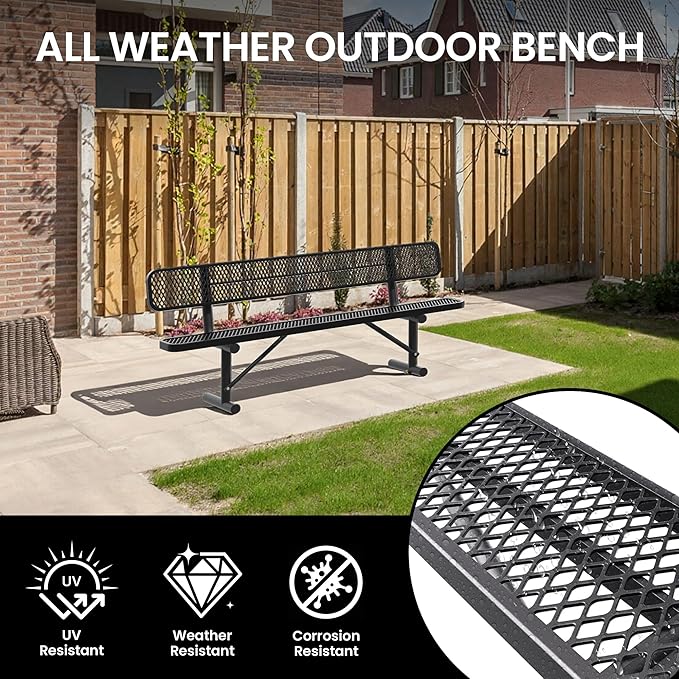 8 Feet Heavy Duty Metal Park Bench for Outside, Outdoor Bench with Backrest & Portable Frame, Commercial Benches for Shopping Malls, Stores, Parks, Patios, Decks, Black