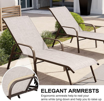 Crestlive Products Chaise Lounge Chair Outdoor with Armrests, Pool Lounge Chairs Set of 2, Aluminum Adjustable 5 Positions Sun Tanning Lounger for Patio, Poolside, Yard, Deck, Backyard (Beige)