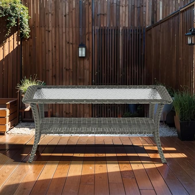 Outdoor Coffee Table - Patio Rattan Wicker Coffee Table with Tempered Glass Top and 2-Tier Storage Outdoor Table for - Photo 7