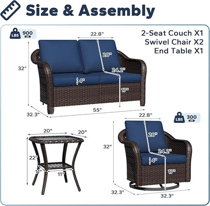 4 PCS Outdoor Conversation Set | 55" Couch, 2 Swivel Chairs, 1 Side Table， Patio Wicker Conversation Furniture with Removable Cushions for Bistro, Deck, Sunroom(Navy Blue)