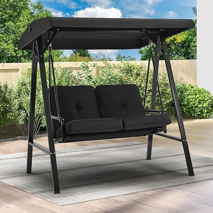 AECOJOY Outdoor Patio Swing Chair for Adults, 2-Seat Porch Swings with Adjustable Canopy, Outside Swing Bench with Removable Cushion, Suitable for Backyard, Garden, Yard, Poolside, Balcony (Black)