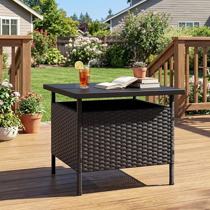 Tangkula Outdoor Wicker Table, Rattan Coffee Table with Umbrella Insert Hole, HDPE Tabletop & Sturdy Metal Frame, Patio Umbrella Side Table Stand for Backyard, Garden, Poolside (Black)