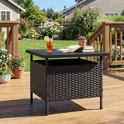 Tangkula Outdoor Wicker Table, Rattan Coffee Table with Umbrella Insert Hole, HDPE Tabletop & Sturdy Metal Frame, Patio Umbrella Side Table Stand for Backyard, Garden, Poolside (Black)