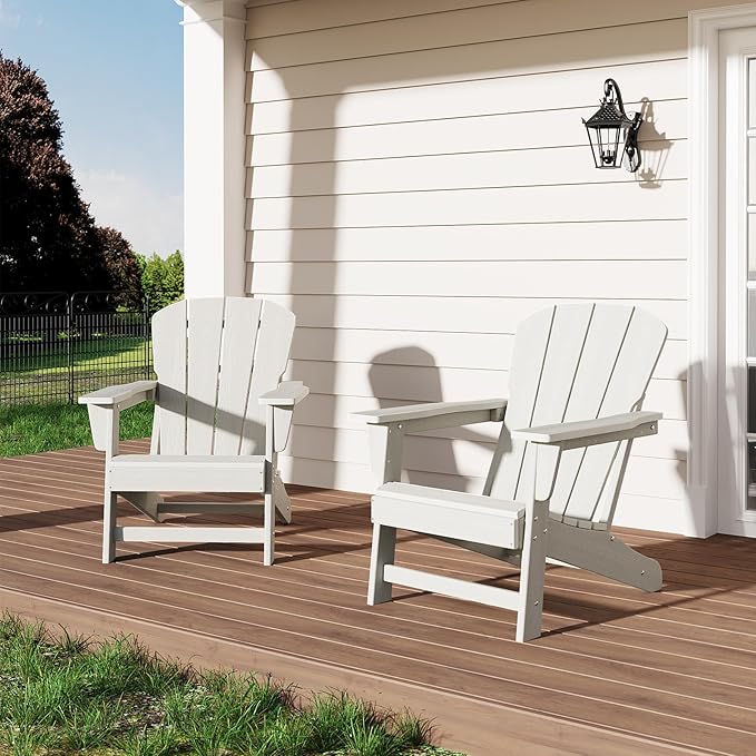 GarveeLife Modern HDPE Plastic Adirondack Chair Set of 2 - Oversize 380 LB Poly Lumber Weather Resistant Firepit Chair - Outdoor Patio Chairs with Wooden Textured for Deck, Pool, Porch - White