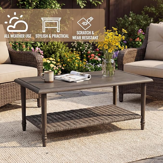 Outdoor Coffee Table Rectangular, Metal&Wicker Patio Table for Outside, Outdoor PE Wicker Coffee Table, All-Weather Coffee Side Table with Storage, Patio Furniture for Patio Balcony Porch (Brown)