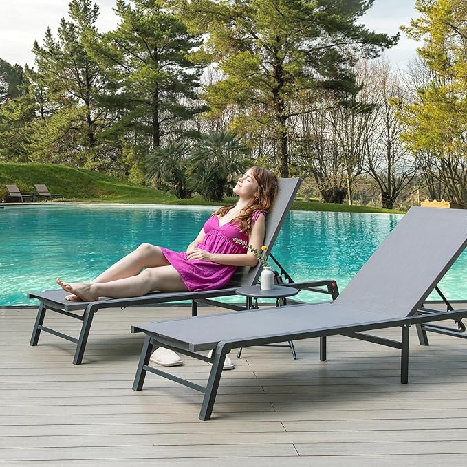 Aluminum Chaise Lounge Chair Outdoor, Foldable Patio Lounge Chair 2 Sets with Table Assemble-Free, Pool Lounge Chairs with 5 Adjustable Backrest, Outdoor Lounge Chairs for Outside Poolside Grey