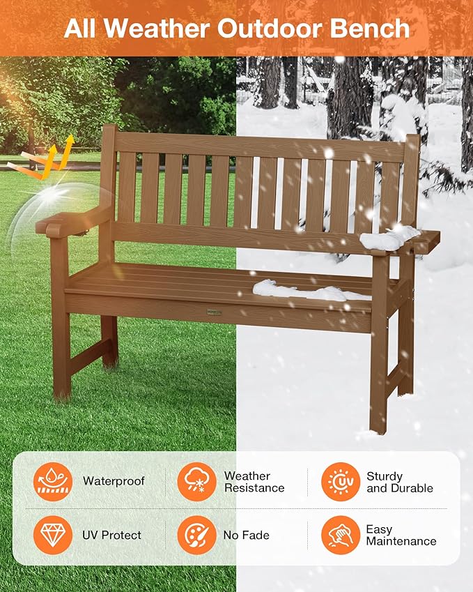 YEFU Outdoor Bench for Patio Waterproof: Heavy Duty 2-Person Garden Bench Set of 2 with 2 Cup Holders & Oversized Seating - HIPS Weatherproof Patio Benches for Front Porch Backyard Park, Teak
