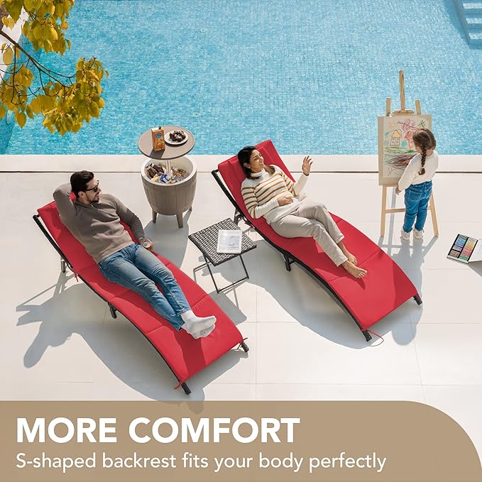 Devoko Patio Chaise Lounge Sets Outdoor Rattan Adjustable Back 3 Pieces Cushioned Patio Folding Chaise Lounge with - Photo 2