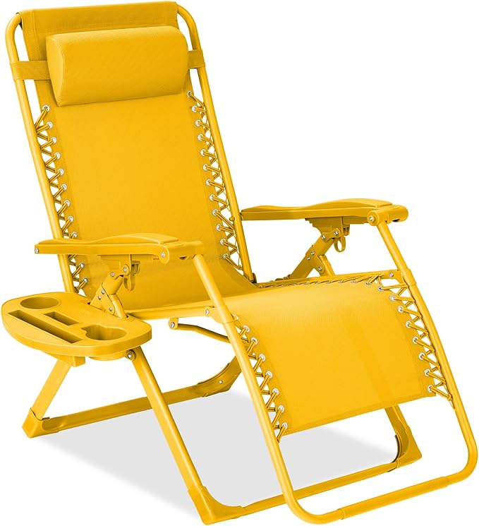 Best Choice Products Adjustable Zero Gravity Chair, Monochromatic Color Folding Patio Recliner w/Side Tray, Headrest - Sunflower