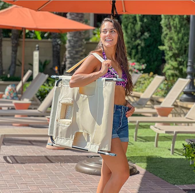 Face Down Tanning Chaise Lounge Chair - Face & Arm Holes - 2 Legs Support - Polyester Material – Backrest Positions - Head Rest Pillow - Beach or Home Use - Read and Tan - Tan Stripes Pattern