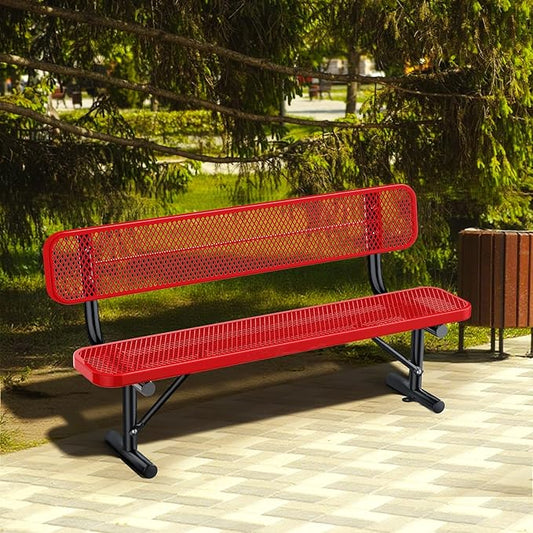Heavy-Duty Park Bench for Outside - Black Coated Outdoor Furniture Steel Bench, Commercial-Grade Outdoor Benches Weatherproof for Park, Patio, Porch (Portable with Back, 4/6/8 Ft) (Red, 6FT)