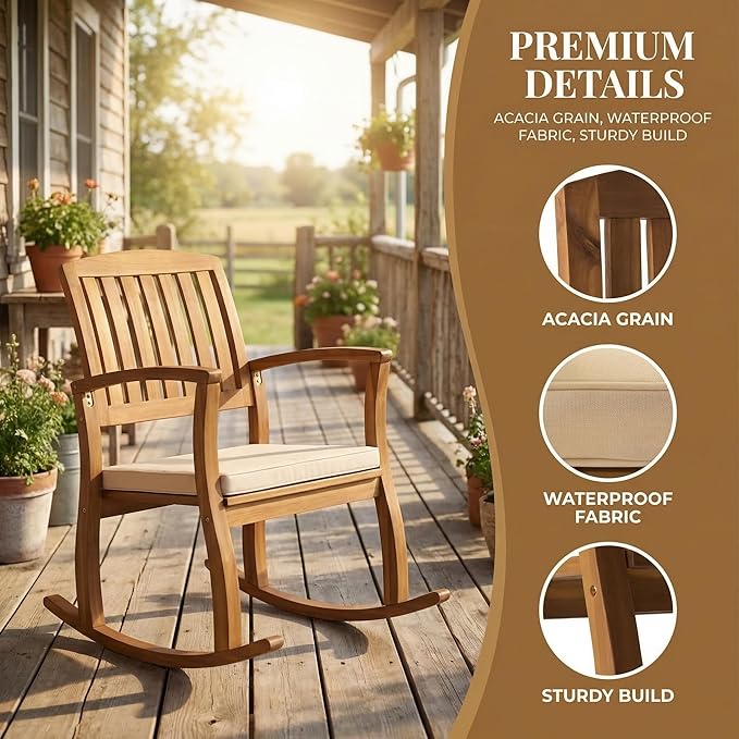 Acacia Wood Outdoor Rocking Chair, Patio Furniture for Garden, Lawn, Porch, Balcony, Nursery, Modern Water-Resistant Comfortable Rocker for Backyard Poolside Relaxation