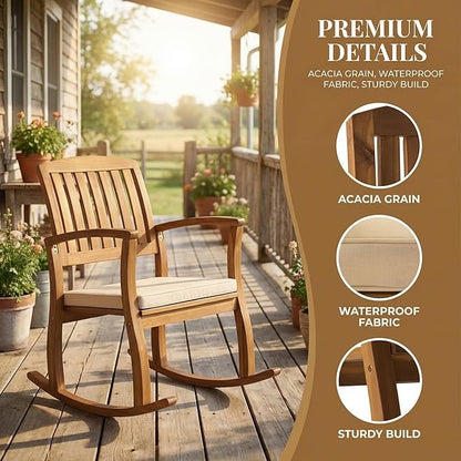 Acacia Wood Outdoor Rocking Chair, Patio Furniture for Garden, Lawn, Porch, Balcony, Nursery, Modern Water-Resistant Comfortable Rocker for Backyard Poolside Relaxation