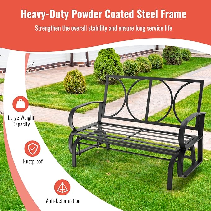 Tangkula 2-Person Outdoor Glider Bench, Swing Seat Bench with Seat & Back Cushions, Sturdy Rustproof Steel Frame - Photo 9