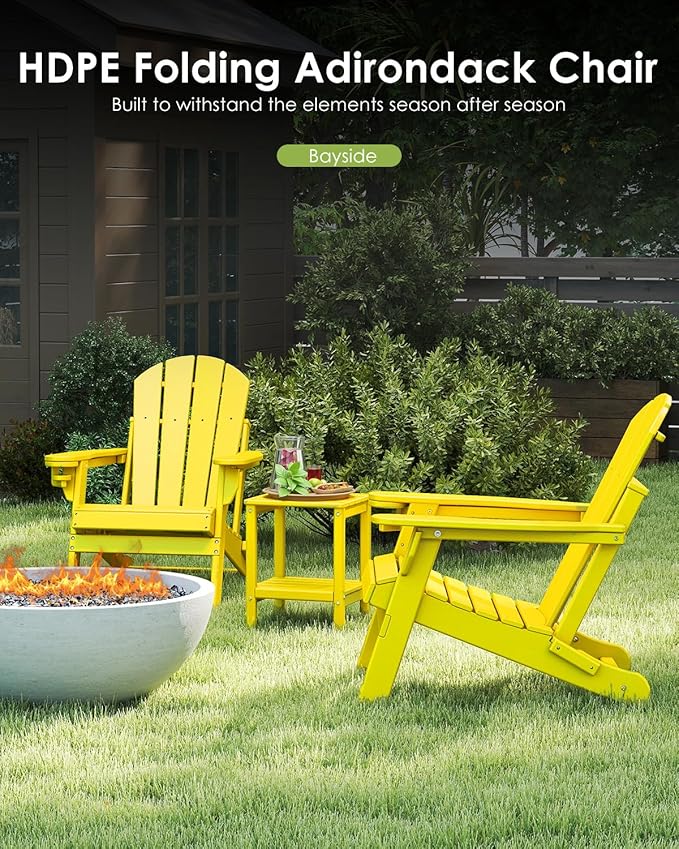 GREENVINES Folding-Adirondack-Chairs-Set-of-4 | HDPE Plastic | Fire Pit Chair | All Weather | Cup Holder | Yellow | for Deck Backyard Patio Outdoor Garden