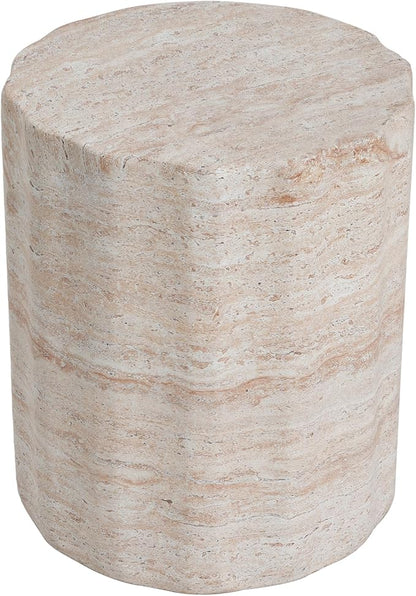 Outdoor Side Table Faux Marble End Table Faux Stone Side Tables Travertine Small Coffee Tables for Indoor Outdoor, Garden Stool Plant Stand for Porch, Backyard Patio, Cylindrical