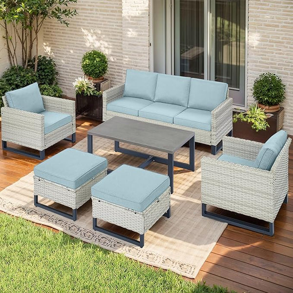 Rilyson Wicker Outdoor Patio Furniture Set - 6 Piece Patio Conversation Set with 2 Armrest Chairs, 2 Rattan Ottoman - Photo 1