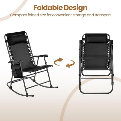 Yaheetech 26in Rocking Chair Outdoor Zero Gravity Folding Chairs Rocking Chairs Foldable Outdoor Lounge Chair for Outside Lawn with Phone Holder/Pillow Ergonomic Design for Rest, Black, Set of 2