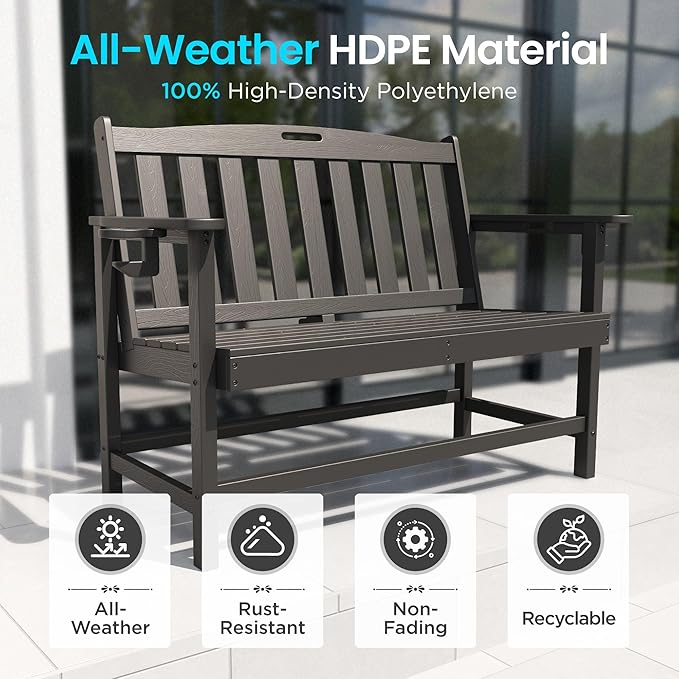 PHI Villa 50 Inch HDPE Outdoor Garden Bench, Park Bench with Reinforced Support Structure, 700 lbs Capacity, 2 Seat All Weather Bench for Outdoors, Patio, Park, Yard and Porch, Black