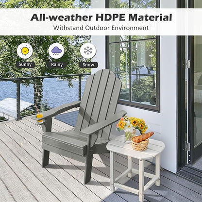 Tangkula Outdoor Folding Adirondack Chair, HDPE Armchairs with Cup Holder, Weather Resistant Lounger Chair for Patio Garden Fire Pit Backyard, Lawn Porch Seating, Adirondack Lounger (2, Grey)
