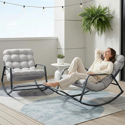 BULEXYARD Grey 2 Pcs Oversized Indoor Outdoor Lounge Royal Rocking Chair with Armrest Footrest for Napping Relaxing, Heavy Duty Patio Reclining Papasan Rocker Chair with Padded Cushion