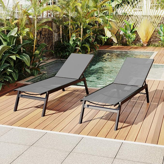 Aluminum Outdoor Chaise Lounge Set of 2,Patio Breathable Textilene Lounge Chairs,Sunbathing Recliner w/5 Adjustable Backrest, for Outside Yard Balcony Garden Poolside Beach Deck Lawn,Grey