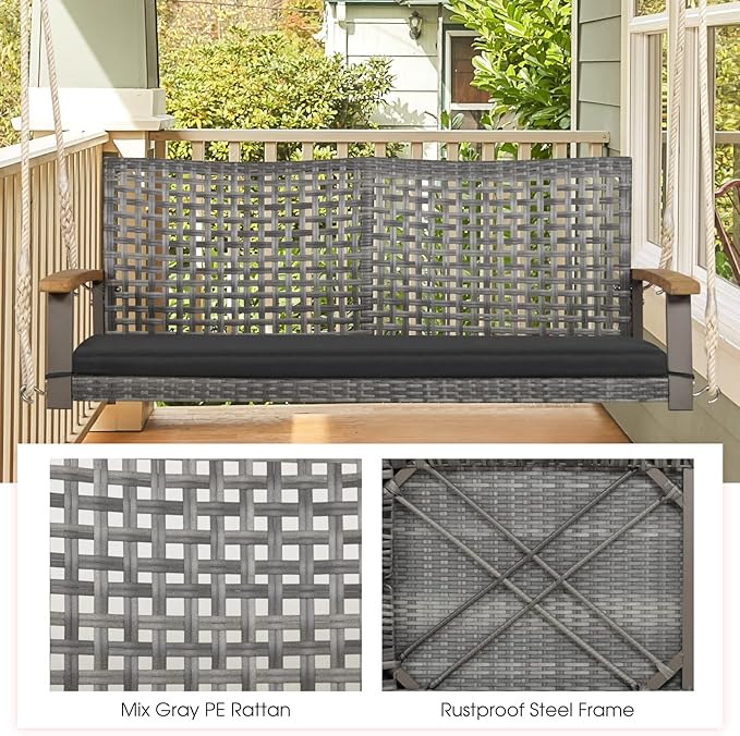 Tangkula 2-Person Outdoor Porch Swing with 118" Hanging Ropes, Patiojoy PE Wicker Patio Hanging Swing Bench with Soft Seat Cushion & 800 Lbs Weight Capacity, Suitable for Patio, Garden (Black)
