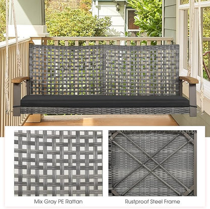 Tangkula 2-Person Outdoor Porch Swing with 118" Hanging Ropes, Patiojoy PE Wicker Patio Hanging Swing Bench with Soft Seat Cushion & 800 Lbs Weight Capacity, Suitable for Patio, Garden (Black)