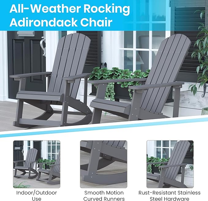 Flash Furniture Set of 2 Savannah Adirondack Rocking Chairs - Commercial Grade All-Weather Gray Poly Resin Wood - Photo 4