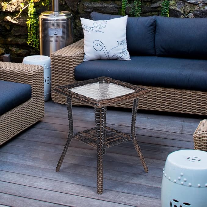 Henf Wicker Rattan Side Table Outdoor Square End Table Coffee Table with Glass Top, Patio Wicker Garden Side Table Small End Table with Storage for Patio Courtyard Balcony