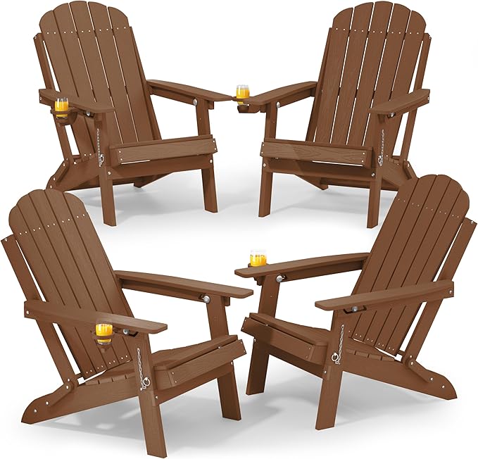 YEFU Adirondack Chairs Set of 4 for Patio: Folding Plastic Fire Pit Chair with Cup Holders & Adjustable Backrest - Sturdy All-Weather HDPE for Outdoor Backyard Deck- Easy Assembly(Teak)